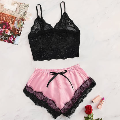 Women's New Sexy Lace See-Through Pajamas Black Pink Cute Clothes Comfortable Breathable Suspender Shorts Set