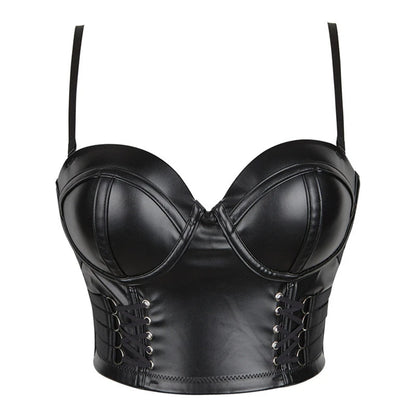 Women Corset Crop Top Gothic Black Leopard Faux Leather Push Up Overbust Corset Bustier Bra with Straps Fashion Streetwear