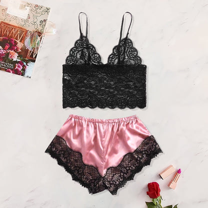 Women's New Sexy Lace See-Through Pajamas Black Pink Cute Clothes Comfortable Breathable Suspender Shorts Set