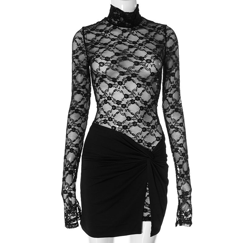 Womens Dresses For Prom Two Piece Dress Skirt Sets Long Sleeve Lace See Through Top Irregular Mini Skirts Fashion Woman Clothing