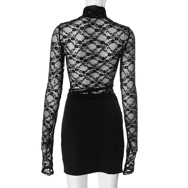 Womens Dresses For Prom Two Piece Dress Skirt Sets Long Sleeve Lace See Through Top Irregular Mini Skirts Fashion Woman Clothing