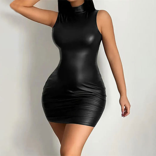 Party Bodycon Pu Leather Lady s Solid Color Dress Sexy Sleeveless Slim Elastic Leather Package Hip Tee Skirt Mini Short Dress