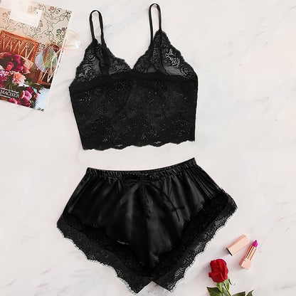 Women's New Sexy Lace See-Through Pajamas Black Pink Cute Clothes Comfortable Breathable Suspender Shorts Set