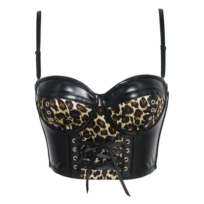 Women Corset Crop Top Gothic Black Leopard Faux Leather Push Up Overbust Corset Bustier Bra with Straps Fashion Streetwear