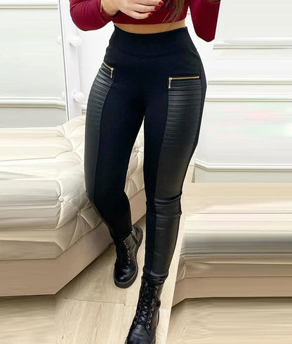 Skinny Pants Women Streetwear Contrast Zipper Detail New Fashion Elegant Leather Casual Bottom Trousers for Female