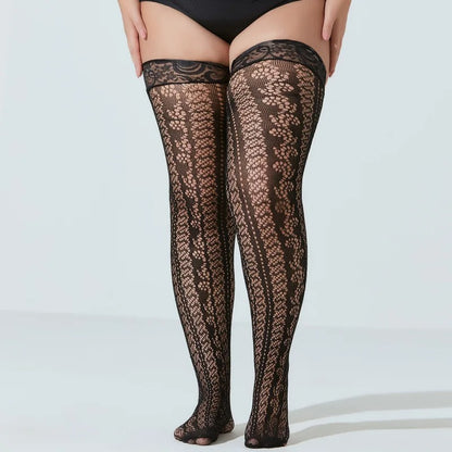 Women's 4Pair/6Pair Plus Size Sexy Stockings Anti Slip Silicone Fishnet Knee Socks Female Lace Floral For 50-85kg Long Socks