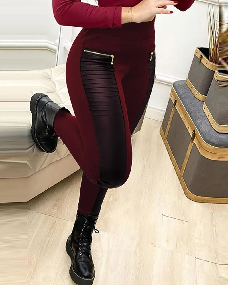 Skinny Pants Women Streetwear Contrast Zipper Detail New Fashion Elegant Leather Casual Bottom Trousers for Female