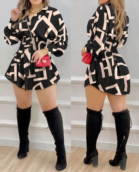 New Fashion Elegant Temperament Commuter Print Lantern Sleeves Pleated Long Sleeved Shirt Dress