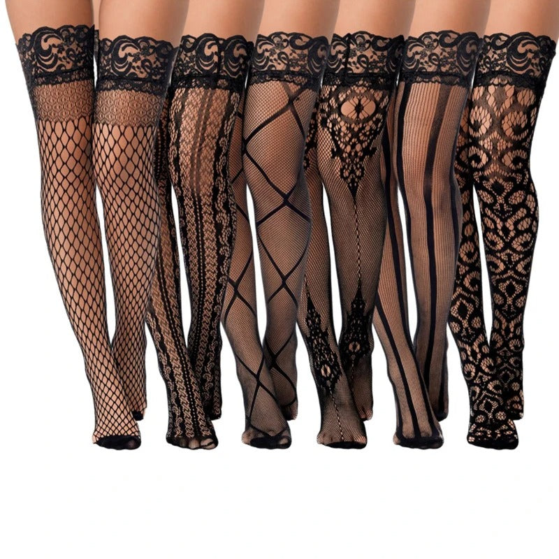 Women's 4Pair/6Pair Plus Size Sexy Stockings Anti Slip Silicone Fishnet Knee Socks Female Lace Floral For 50-85kg Long Socks